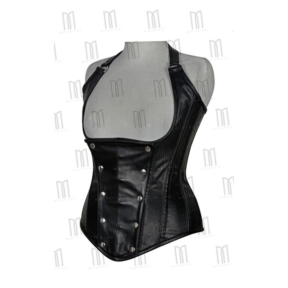 3 Layer Underbust Genuine Leather Halter Neck Corset with Removable Front Flap - Picture 2 of 3